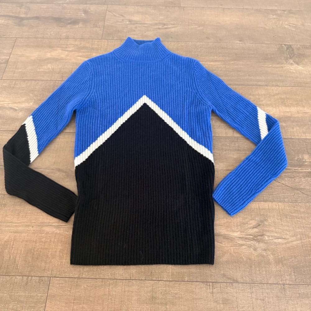 360Cashmere Mock Neck Sweater Womens M Blue Black Color Block Minimalist Ribbed